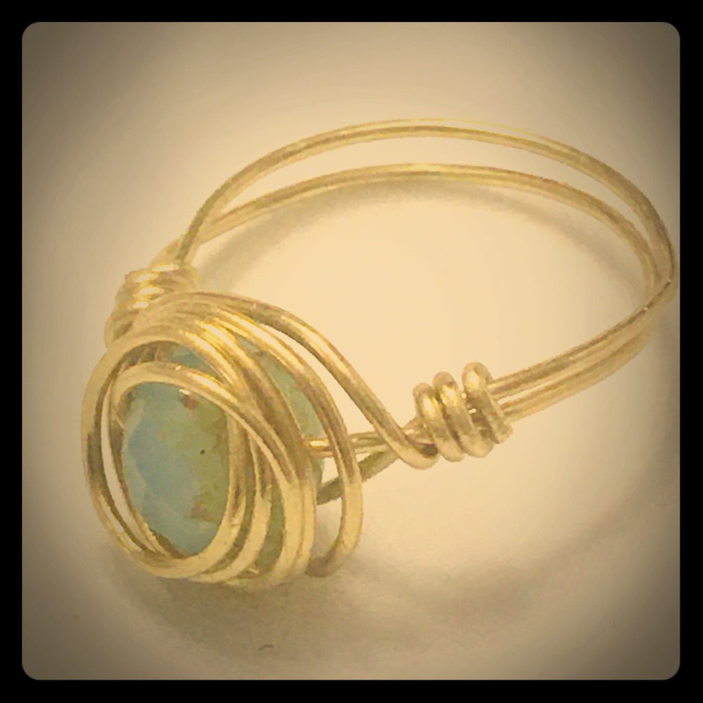 Hand-Crafted Baby Blue Bead In Brass Wire Ring.L